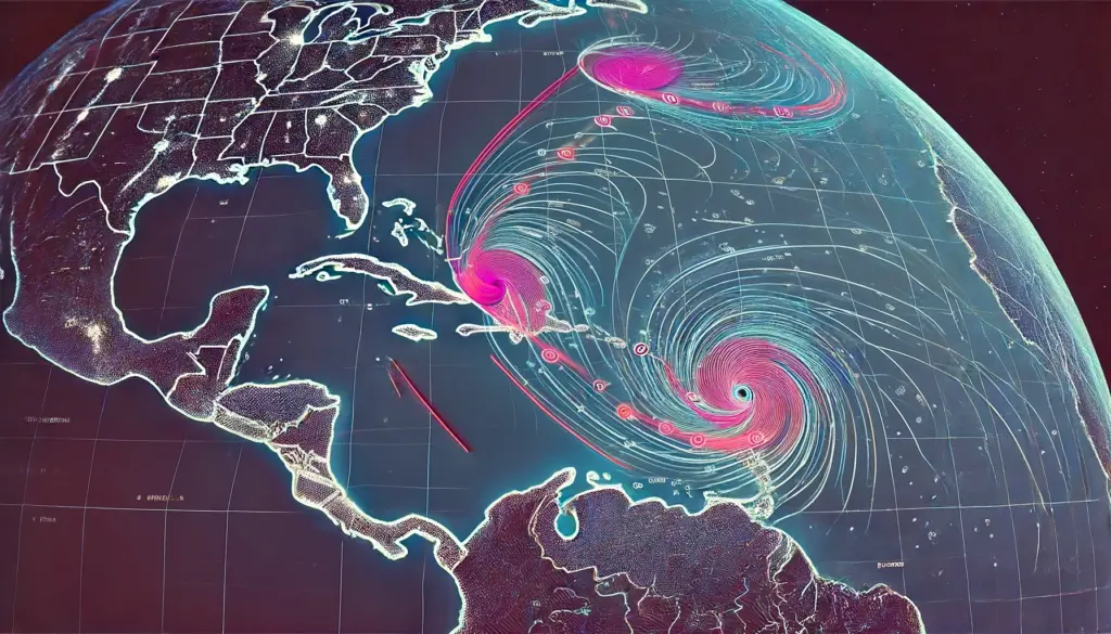 An AI-generated image showing the path of Hurricane Irma and Hurricane Maria in 2017.