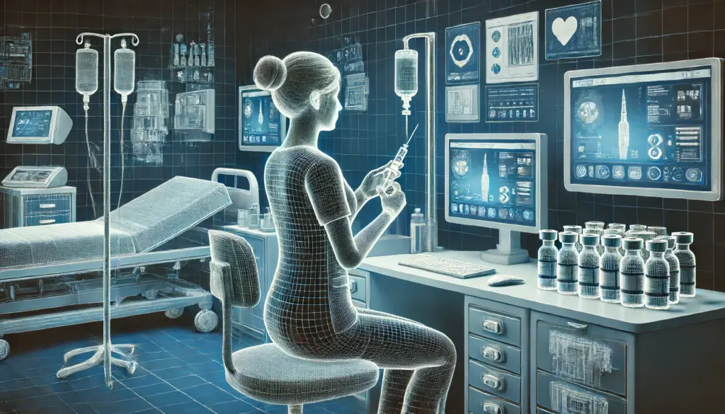 An AI-generated image of a nurse preparing to administer a vaccine