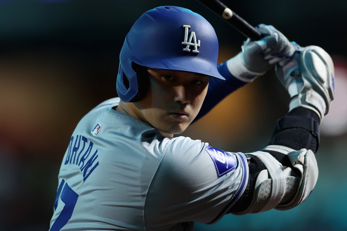 Shohei Ohtani of the Los Angeles Dodgers during an at-bat