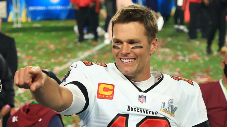 Tom Brady celebrating a Super Bowl win as a Tampa Bay Buccaneer